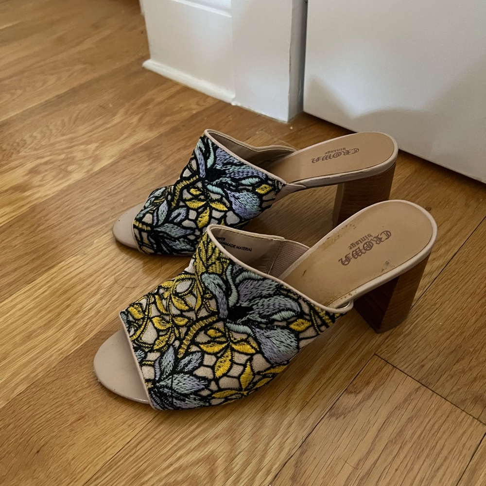 Floral stitched mules